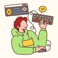 Programmer holding mouse and keyboard to create website. Flat design modern vector illustration concept