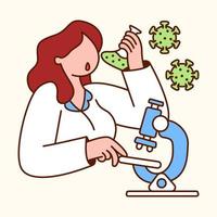 Scientist holding test tube and analyzing virus with microscope. Flat design modern vector illustration concept