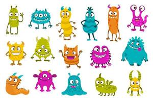 personajes de monstruos divertidos de dibujos animados, criaturas cómicas vector