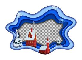 Christmas paper cut frame with winter holiday city vector