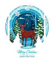 Christmas paper cut cartoon deer in snowy forest vector