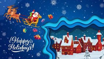 Christmas paper cut cartoon santa in deer sleigh vector