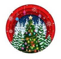 corte de papel navideño con árbol navideño y decoración vector