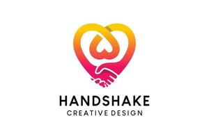 Handshake logo design in heart with creative concept vector