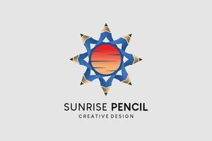Pencil logo design with sunrise icon, educational pencil vector illustration