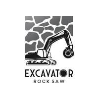 diseño de logotipo de excavadora de sierra de roca, ilustración de vector de motosierra de equipo pesado