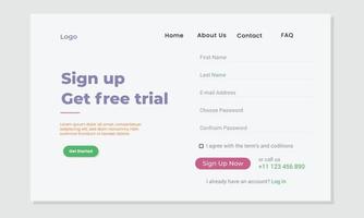 Sign up get a free trial flat website landing page vector