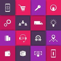 E-commerce, online shopping web icons on squares, pictograms for e-commerce website, vector illustration