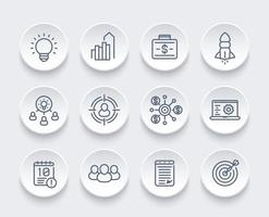 startup, funding, initial capital, contract, ipo, target audience line icons set vector