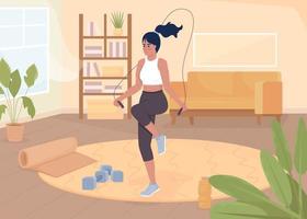 Woman jumping on rope flat color vector illustration. Active sports training at home. Healthy lifestyle and wellbeing. Fully editable 2D simple cartoon character with living room on background