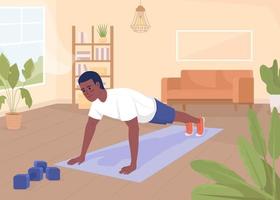 Man doing push ups flat color vector illustration. Regular exercising at home. Active lifestyle and healthcare. Fully editable 2D simple cartoon character with living room on background