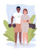 Couple in sports clothing 2D vector isolated illustration. Exercising together flat characters on cartoon background. Workout colourful editable scene for mobile, website, presentation