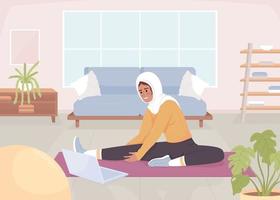 Lady doing stretching with video lesson flat color vector illustration. Sports training at home. Yoga practice. Fully editable 2D simple cartoon character with living room on background