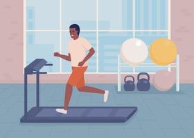 deportista entrenando en cinta de correr ilustración vectorial de color plano. vida sana y activa. tecnología en el gimnasio. personaje de dibujos animados simple 2d completamente editable con club atlético en el fondo vector