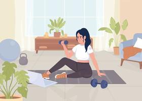 mujer haciendo ejercicios para brazos ilustración vectorial de color plano. entrenamiento con pesas por lección de video. actividad deportiva personaje de dibujos animados simple 2d completamente editable con interior de casa en el fondo vector