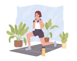 Woman doing dynamic lunges 2D vector isolated illustration. Exercising with dumbbells flat character on cartoon background. Fitness colourful editable scene for mobile, website, presentation