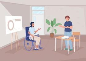 Disabled employee in office flat color vector illustration. Inclusion in workplace. Business presentation. Fully editable 2D simple cartoon characters with conference hall on background