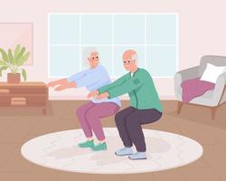 Senior couple doing sit ups at home flat color vector illustration. Squat exercises for wellbeing in elderly. Fully editable 2D simple cartoon characters with living room on background