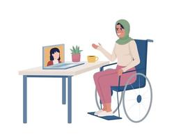 Disabled lady using videochat semi flat color vector character. Editable figure. Full body person on white. Remote work simple cartoon style illustration for web graphic design and animation