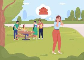 Lady with agoraphobia in park flat color vector illustration. Fear of public place visiting. Panic attack. Fully editable 2D simple cartoon characters with urban garden on background