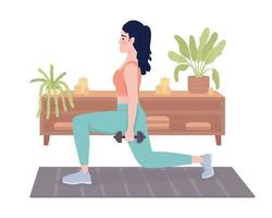 Lady with dumbbells doing lunges 2D vector isolated illustration. Sports activity and training flat character on cartoon background. Athlete colourful editable scene for mobile, website, presentation