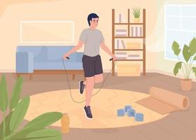 deportista haciendo ejercicios con la ilustración de vector de color plano de cuerda de salto. fitness en casa. estilo de vida saludable. personaje de dibujos animados simple 2d completamente editable con sala de estar en el fondo