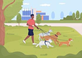 Man walking dogs in park flat color vector illustration. Job with animals for student. Taking care of pets. Fully editable 2D simple cartoon character with urban garden on background