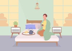 Man resting alone at home flat color vector illustration. Drinking tea and enjoying calmness. Time for yourself. Fully editable 2D simple cartoon character with bedroom interior on background