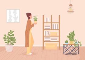 Woman taking care of houseplant flat color vector illustration. Domestic garden cultivation. Relaxing hobby. Fully editable 2D simple cartoon character with home interior on background