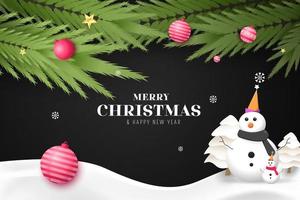 feliz navidad banner decorar con muñeco de nieve fondo negro vector