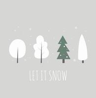 postal con árboles de invierno cubiertos de nieve y un árbol de navidad verde vector