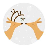 two deer in love under a sprig of mistletoe and snowfall vector