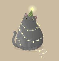 cute cat in a festive cap decorated with a Christmas garland vector