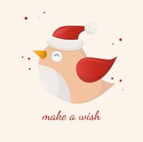 tarjeta de navidad con un lindo pájaro en un sombrero de santa claus