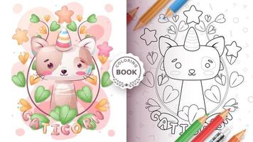 Coloring page cartoon character adorable caticorn, pretty animal idea for print t-shirt, poster and kids envelope, postcard. Cute hand drawn style kitty. vector