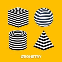 Optical illusion geometric figures on yellow background vector set. Pyramid striped. Cylinder and Cube optical abstract black and white lines design.