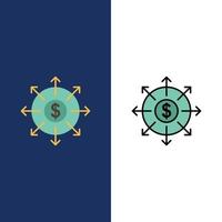 presupuesto bancario lista efectivo iconos plano y línea llena conjunto de iconos vector fondo azul