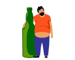 Drunk man hugging a bottle of alcohol. Alcoholic with a bad habit. Vector illustration.