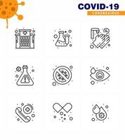 Covid19 icon set for infographic 9 Line pack such as forbidden bacteria hands research flask viral coronavirus 2019nov disease Vector Design Elements