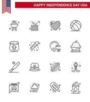 Happy Independence Day 4th July Set of 16 Lines American Pictograph of usa usa american american football Editable USA Day Vector Design Elements