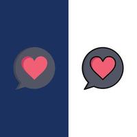 chat amor corazón iconos plano y línea llena conjunto de iconos vector fondo azul