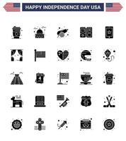 Modern Set of 25 Solid Glyph and symbols on USA Independence Day such as mobile american white shield weapon Editable USA Day Vector Design Elements