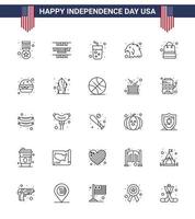Big Pack of 25 USA Happy Independence Day USA Vector Lines and Editable Symbols of shop money drink bag bird Editable USA Day Vector Design Elements