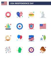 Flat Pack of 16 USA Independence Day Symbols of light candle fast food usa of Editable USA Day Vector Design Elements