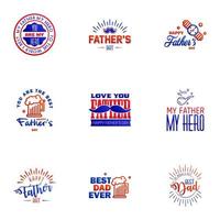 Fathers Day Lettering 9 Blue and red Calligraphic Emblems Badges Set Isolated on Dark Blue Happy Fathers Day Best Dad Love You Dad Inscription Vector Design Elements For Greeting Card and Other