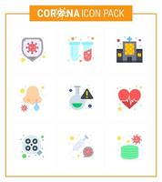 Coronavirus Prevention Set Icons 9 Flat Color icon such as lab nose infection health care nasal infection cold viral coronavirus 2019nov disease Vector Design Elements
