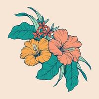 ilustración dibujada a mano de plantas y flores de belleza en estilo de arte de línea colorida para fondo, patrón floral, invitaciones e impresión de tela vector