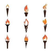 Fire torch with flame flat icons set. Collection of symbol flaming, illustration vector