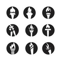 Fire torch with flame flat icons set. Collection of symbol flaming, illustration vector