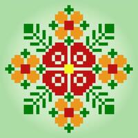 8 bit pixel flower ornaments. Circle of flowers for cross stitch patterns, in vector illustrations.